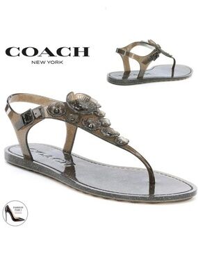 Coach Tea Rose Glitter Jelly Flat Thong Sandals Black Ankle Strap Summer Shoes 6